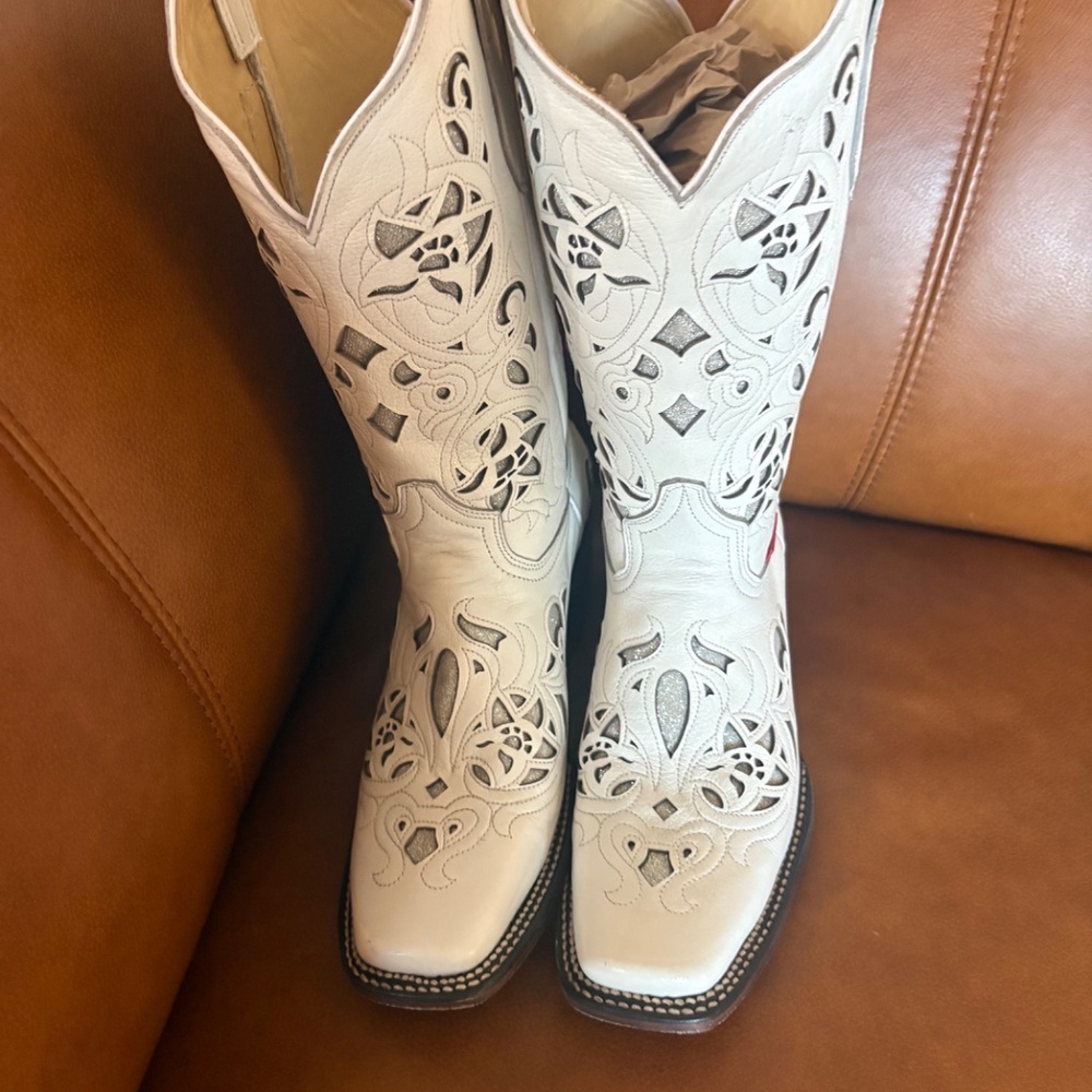El Corral Western White Leather Bling Inlay boots - SZ 25.5 = 8.5 - Picture 5 of 16